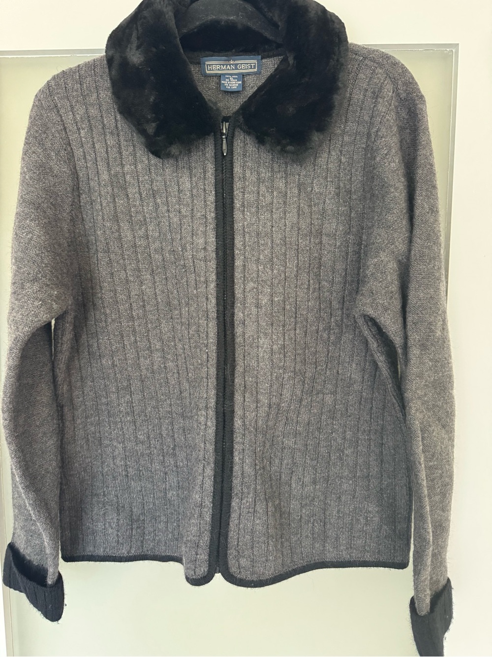Herman Geist Women's Gray Zip-Front Cardigan with Black Faux Fur Collar